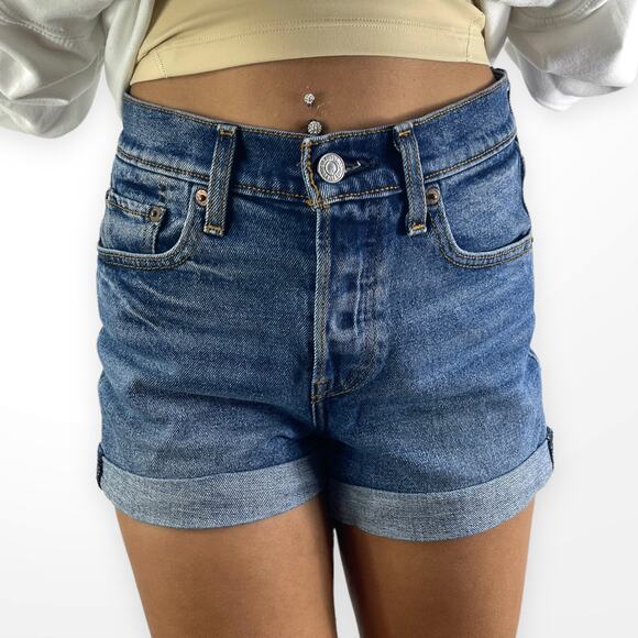 LEVI'S Mid Wash High Rise Denim Rolled Hem Shorts